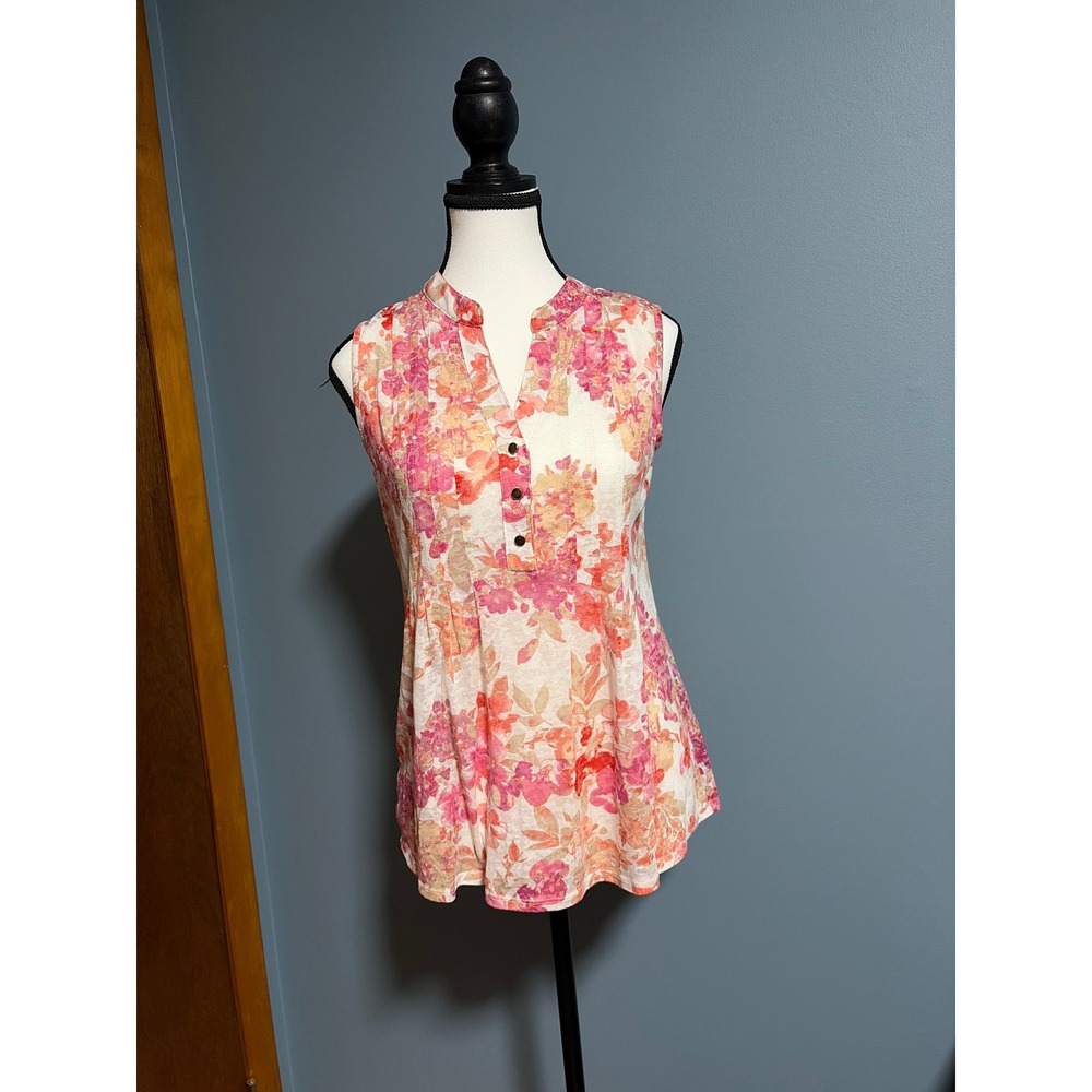 New Directions Petite Floral Sleeveless Blouse Pink Orange Size PS Button Front